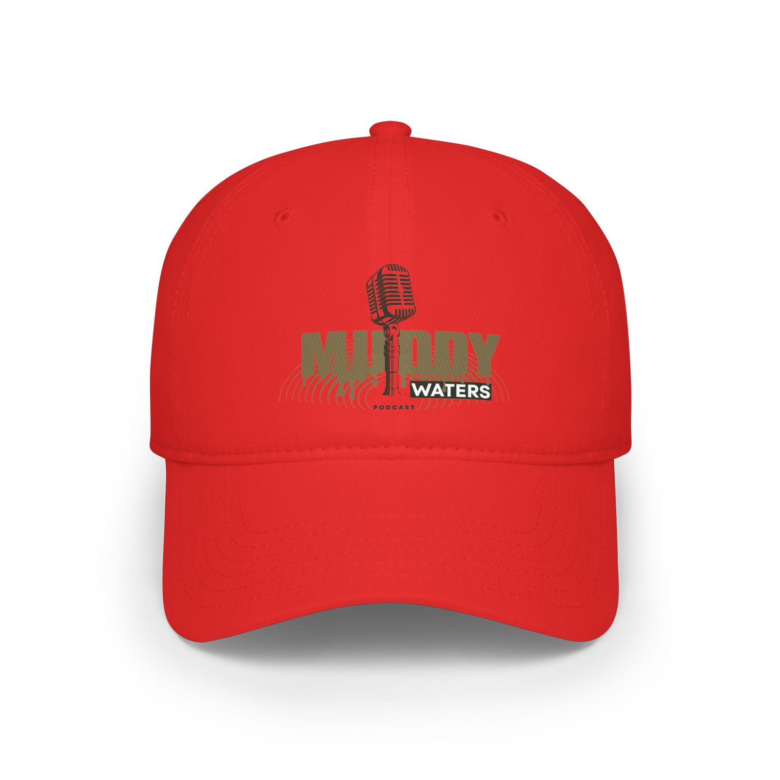 Muddy Waters Podcast Low Profile Baseball Cap - Red with Microphone Design