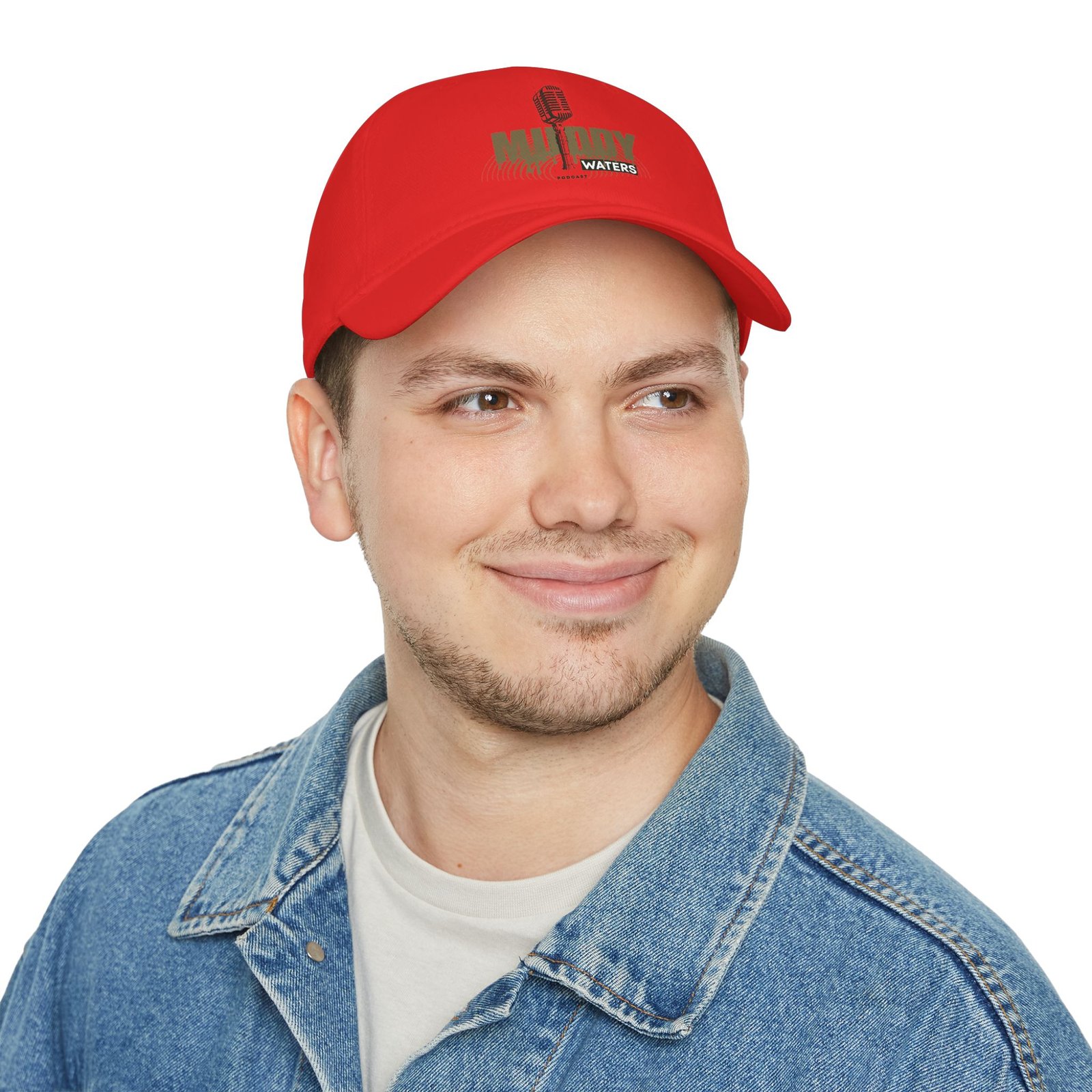 Muddy Waters Podcast Low Profile Baseball Cap - Red with Microphone Design - Image 4